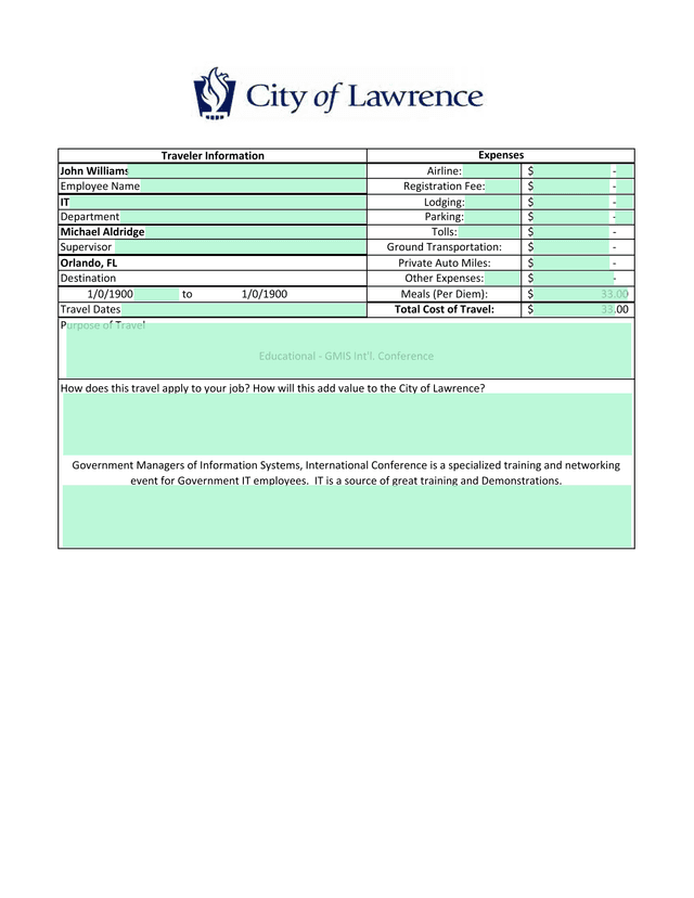 Travel Expense Reimbursement Form screenshot