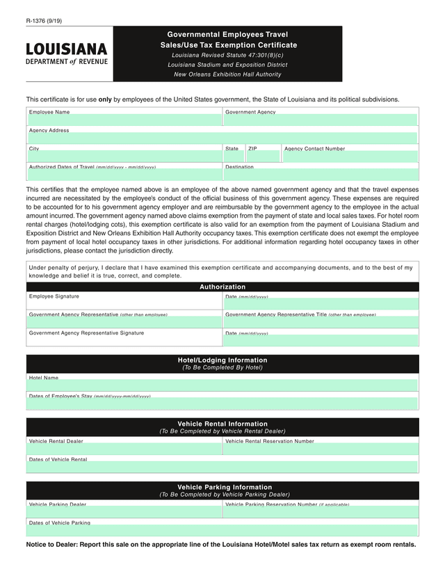 Governmental Employees Travel SalesUse Tax Exemption Certificate screenshot