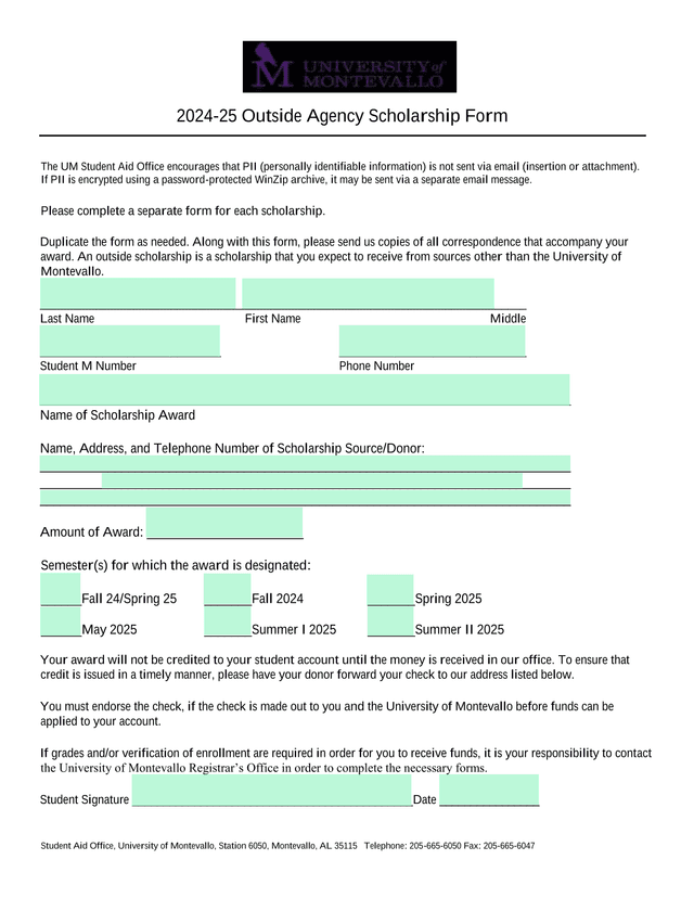 2024 25 Outside Agency Scholarship Form screenshot