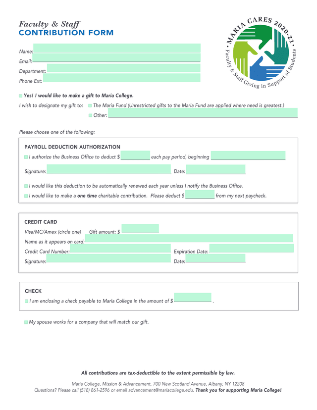 Faculty  Staff Contribution Form screenshot