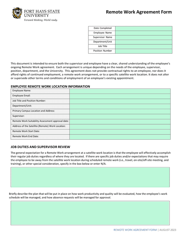 Remote Work Agreement Form screenshot