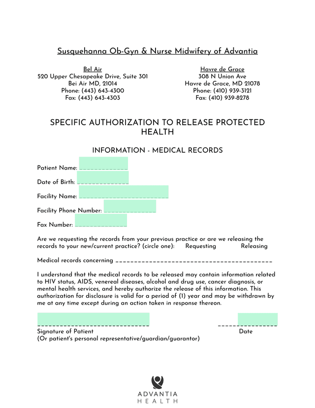 SPECIFIC AUTHORIZATION TO RELEASE PROTECTED HEALTH INFORMATION   MEDICAL RECORDS screenshot