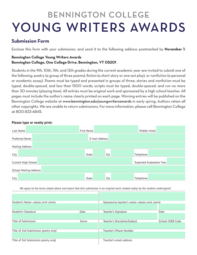 Bennington College Young Writers Awards Submission Form screenshot