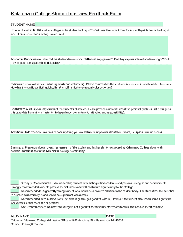 Kalamazoo College Alumni Interview Feedback Form screenshot