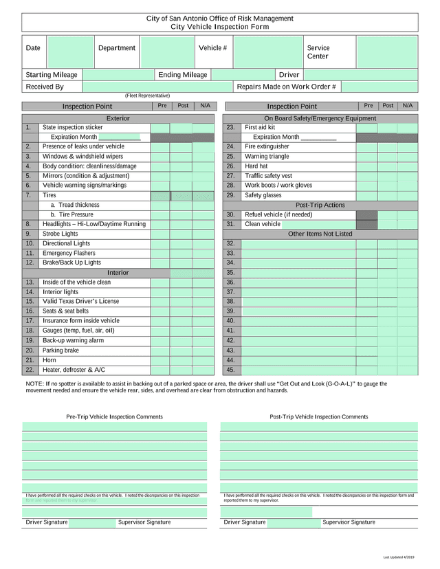City Vehicle Inspection Form screenshot