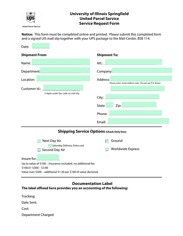 United Parcel Service Service Request Form screenshot