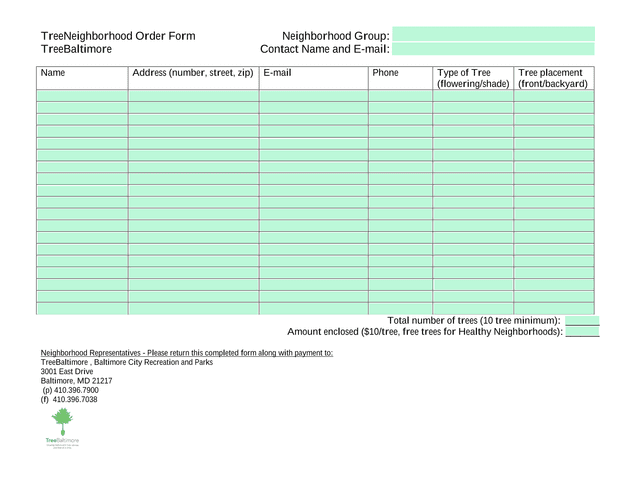 TreeNeighborhood Order Form screenshot