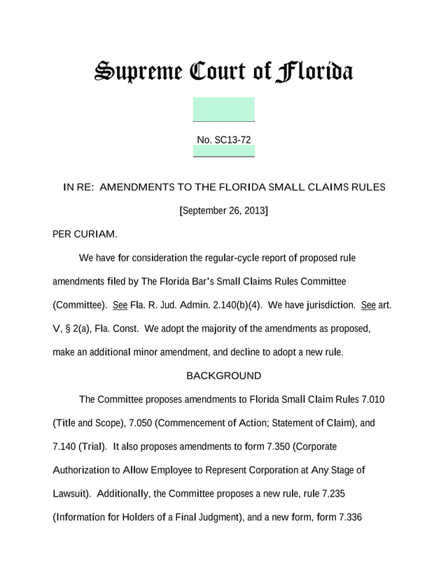 Supreme Court Of Florida   Amendments To Florida Small Claims Rules screenshot