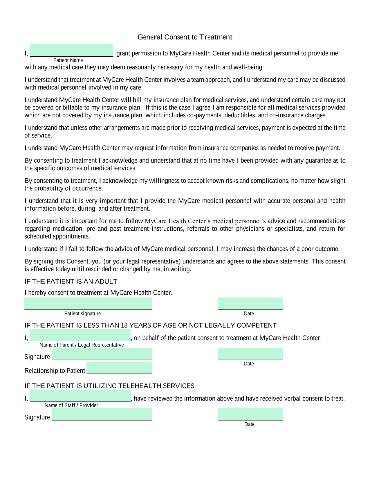 General Consent To Treatment screenshot