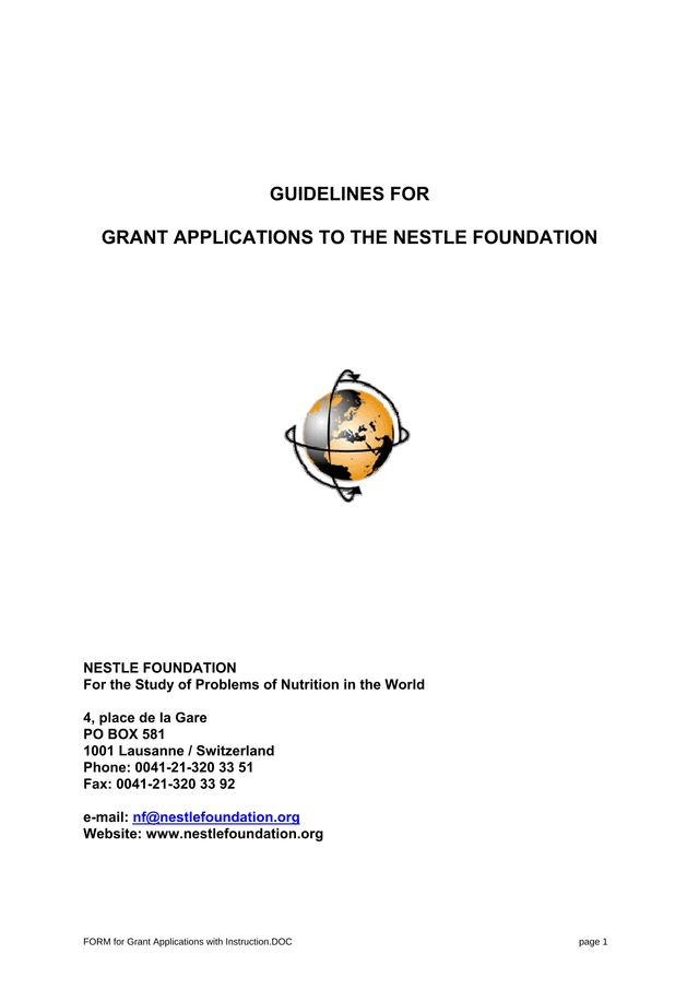GUIDELINES FOR GRANT APPLICATIONS TO THE NESTLE FOUNDATION screenshot