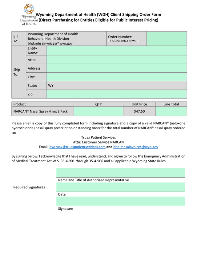 Wyoming Department Of Health Client Shipping Order Form screenshot