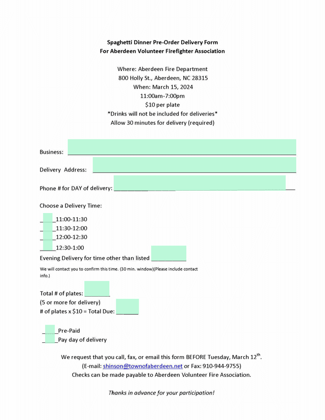 Spaghetti Dinner Pre Order Delivery Form screenshot