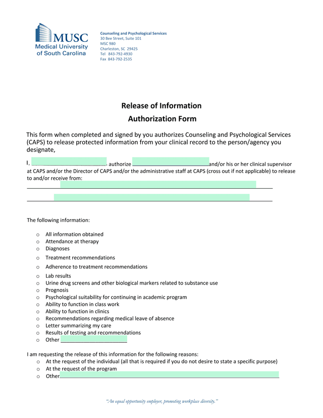 Release Of Information Authorization Form screenshot