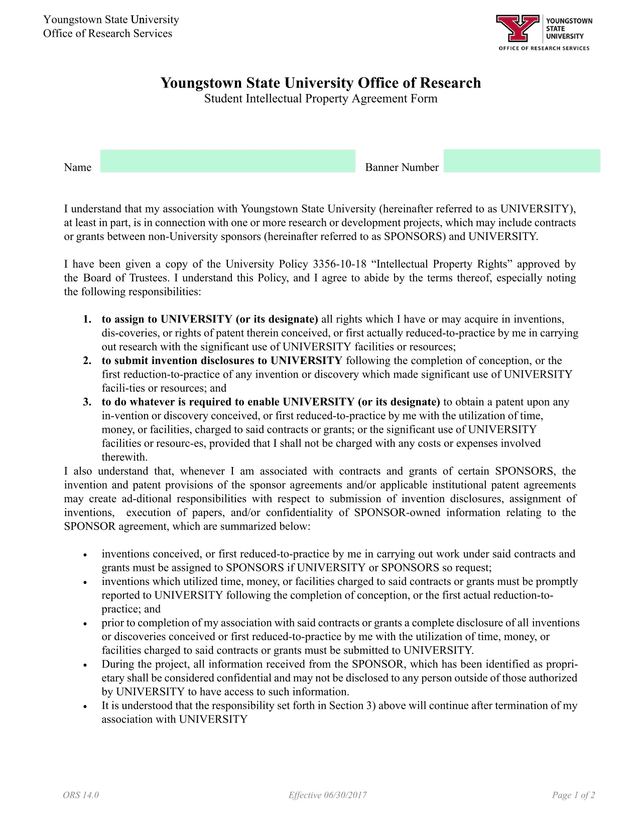 Student Intellectual Property Agreement Form screenshot