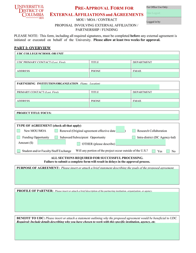 Pre Approval Form For External Affiliations And Agreements screenshot