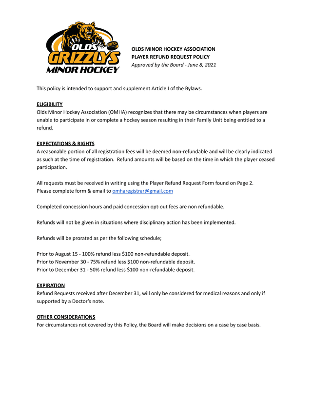 Olds Minor Hockey Association Player Refund Request Policy screenshot
