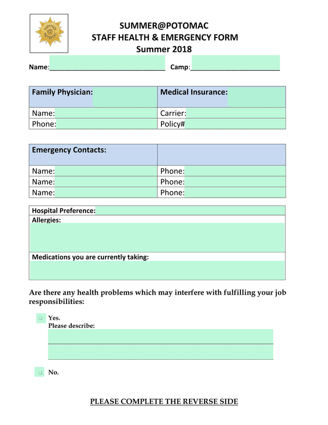SUMMERPOTOMAC STAFF HEALTH  EMERGENCY FORM screenshot
