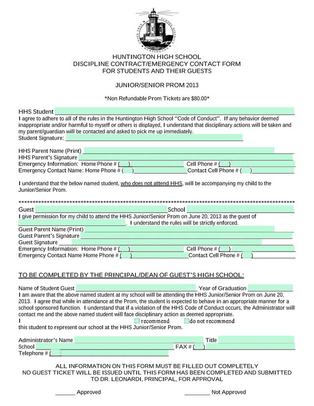 Discipline ContractEmergency Contact Form For JuniorSenior Prom screenshot