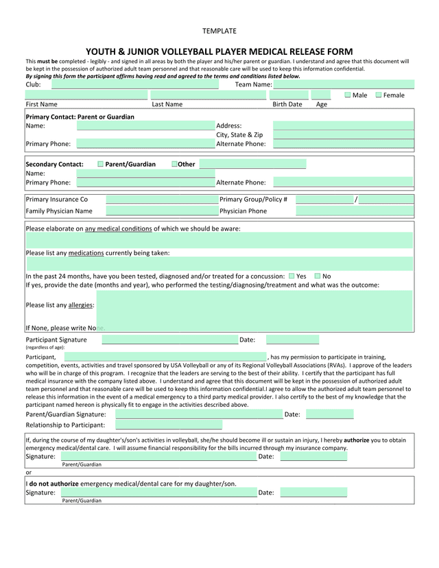 YOUTH  JUNIOR VOLLEYBALL PLAYER MEDICAL RELEASE FORM screenshot