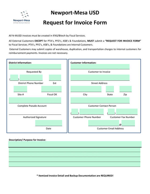 Request For Invoice Form screenshot
