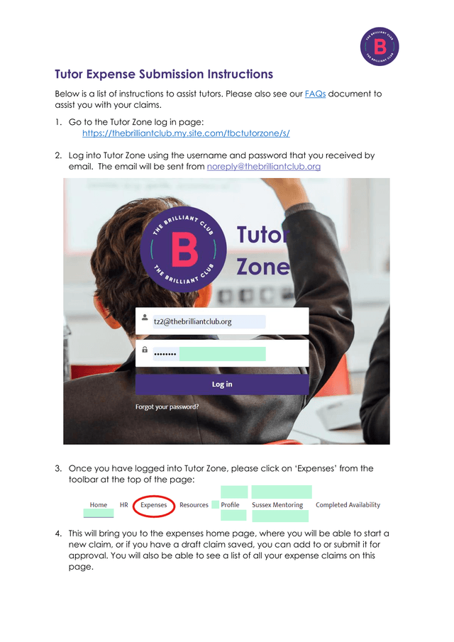 Tutor Expense Submission Instructions screenshot