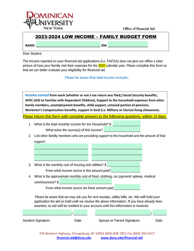 2023 2024 LOW INCOME  FAMILY BUDGET FORM screenshot
