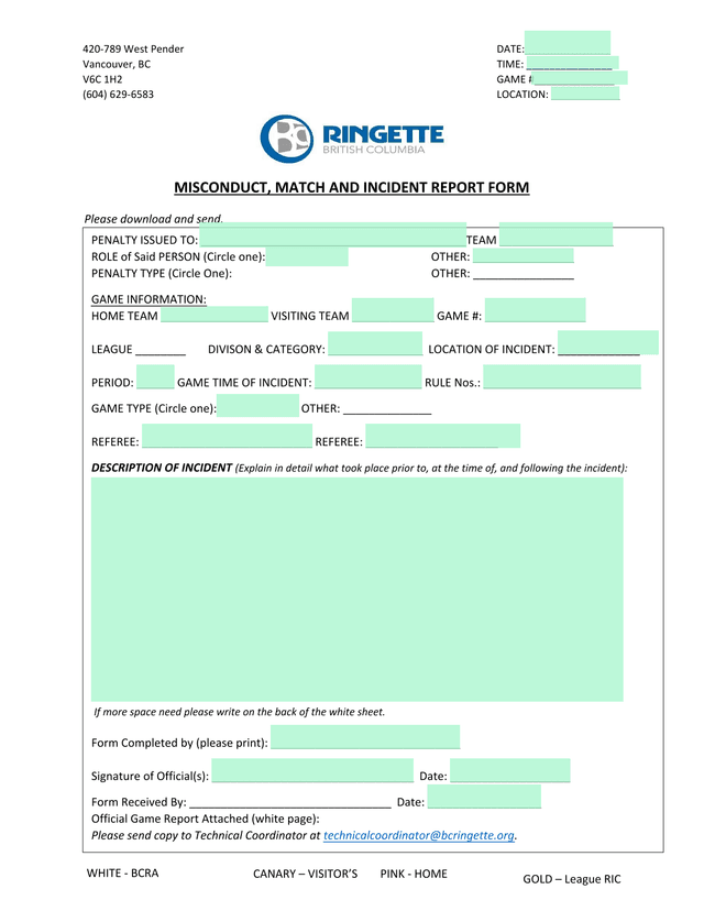 Misconduct, Match And Incident Report Form screenshot