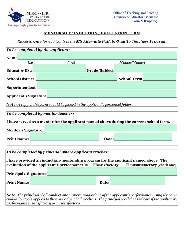 MENTORSHIP INDUCTION  EVALUATION FORM screenshot