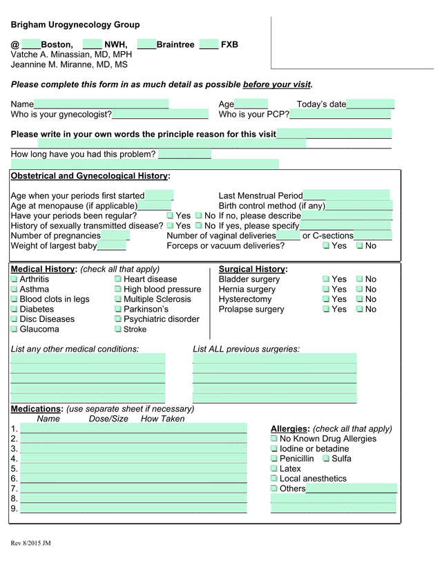 Brigham Urogynecology Group Medical History Form screenshot