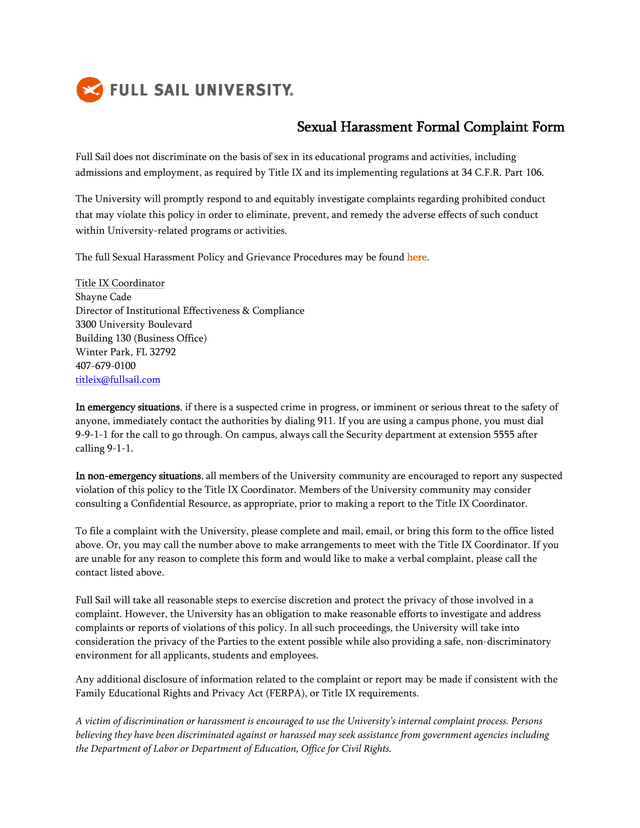 Sexual Harassment Formal Complaint Form screenshot