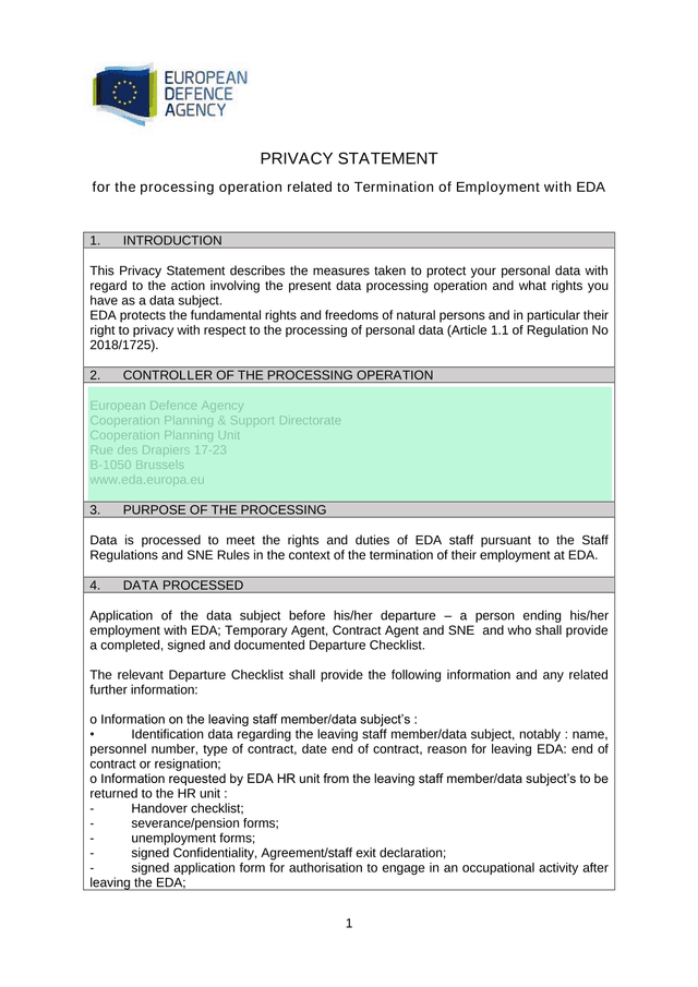 Privacy Statement For Termination Of Employment With EDA screenshot