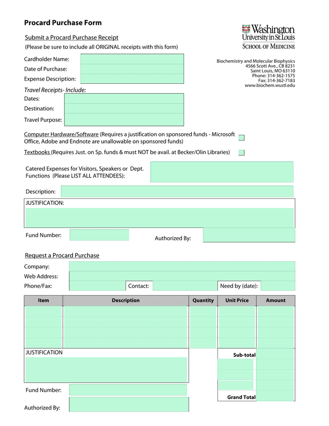 Procard Purchase Form screenshot