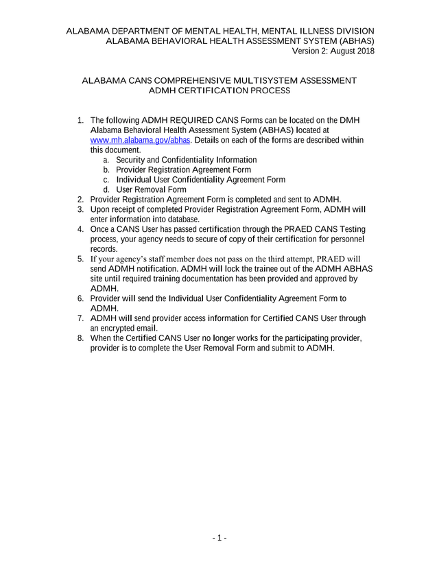 Alabama CANS Comprehensive Multisystem Assessment ADMH Certification Process screenshot