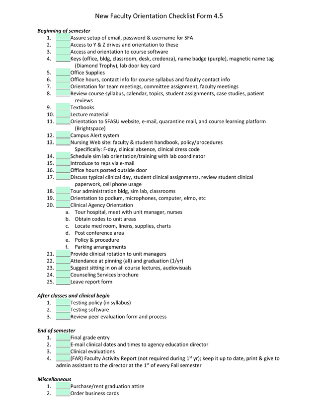 New Faculty Orientation Checklist Form 4.5 screenshot