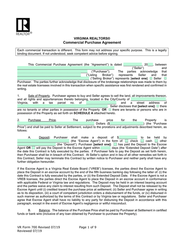 VR Form 700 Commercial Purchase Agreement screenshot