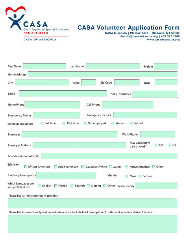CASA Volunteer Application Form screenshot