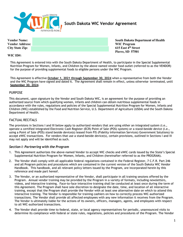South Dakota WIC Vendor Agreement screenshot