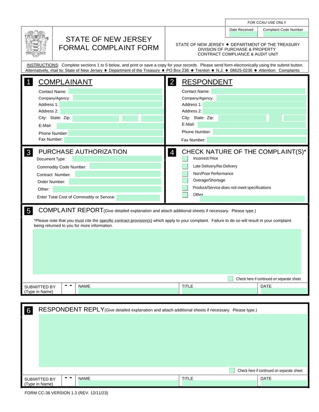 STATE OF NEW JERSEY FORMAL COMPLAINT FORM screenshot