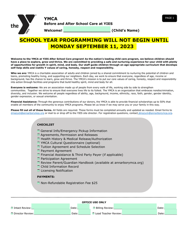 YMCA At YIES After School Care Program Registration screenshot