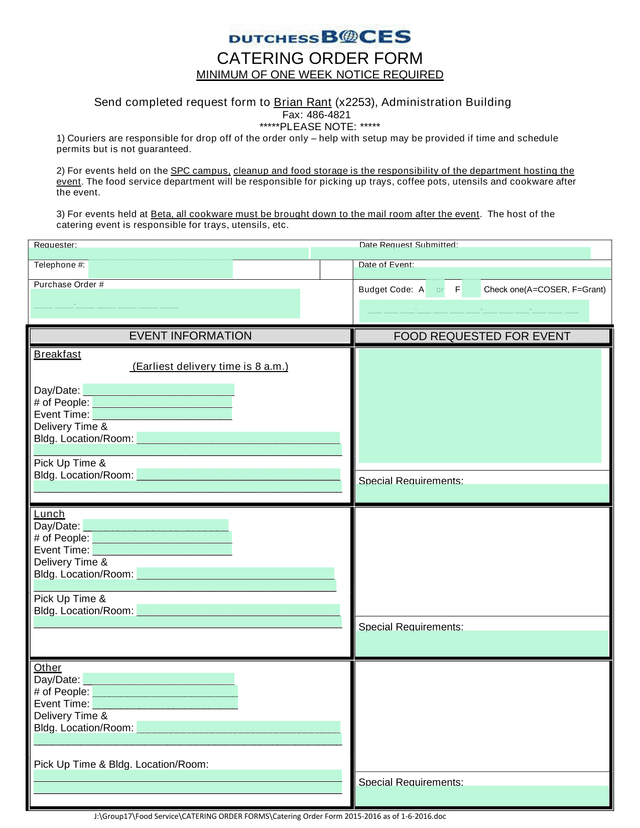 CATERING ORDER FORM screenshot