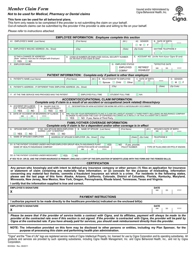 Member Claim Form (COBRA) screenshot
