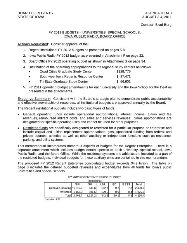 FY 2012 Budgets  Universities, Special Schools, Iowa Public Radio, Board Office screenshot