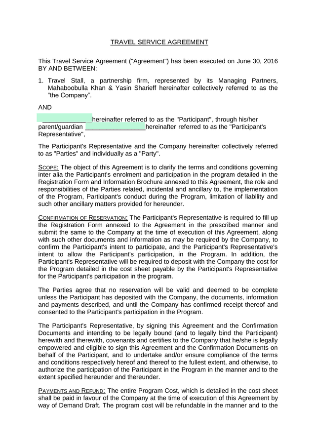 Travel Service Agreement screenshot