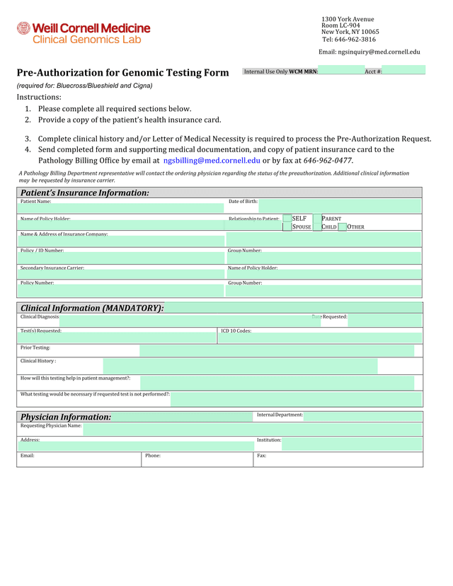Pre Authorization For Genomic Testing Form screenshot