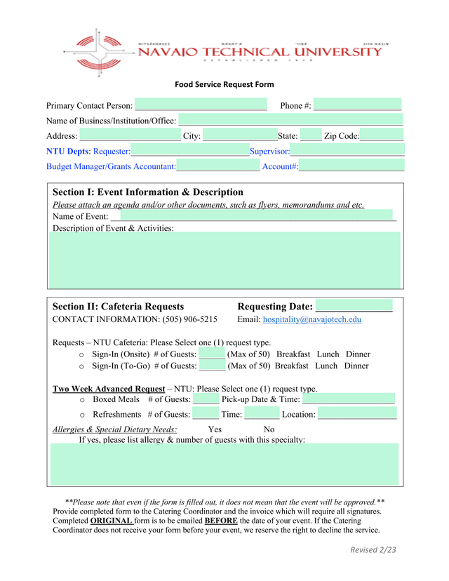 Food Service Request Form screenshot