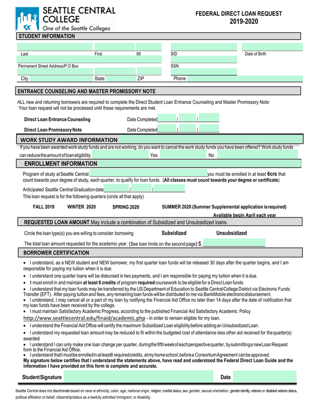 FEDERAL DIRECT LOAN REQUEST 2019 2020 screenshot