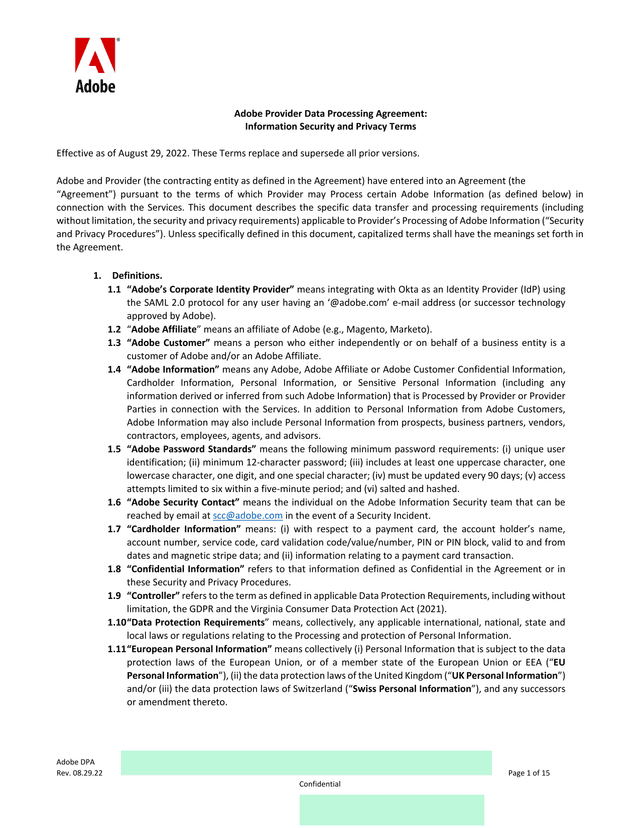 Adobe Provider Data Processing Agreement screenshot