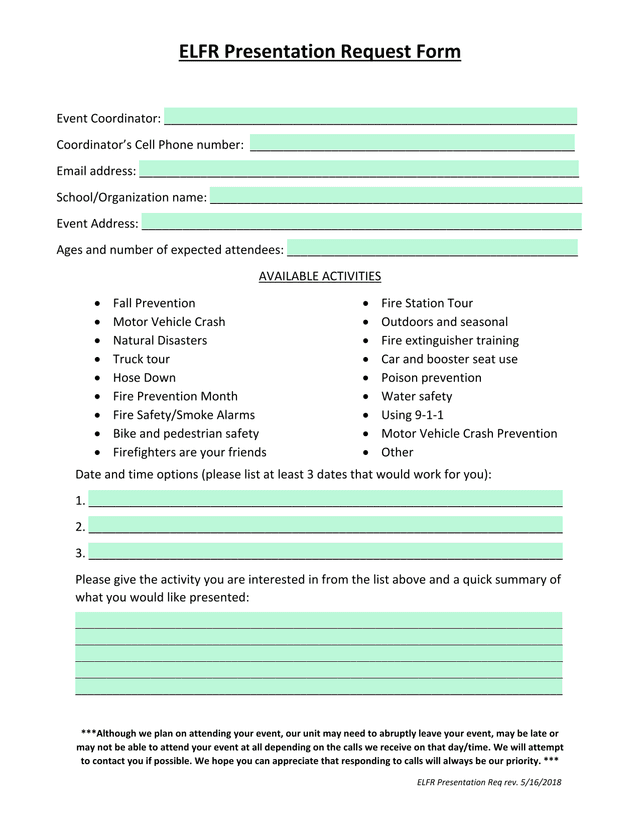 ELFR Presentation Request Form screenshot