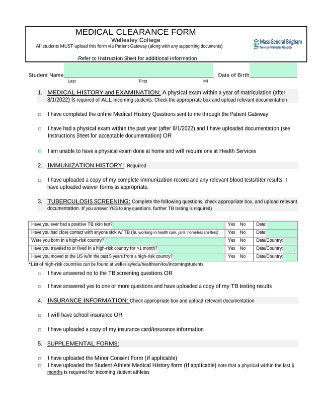 Medical Clearance Form screenshot