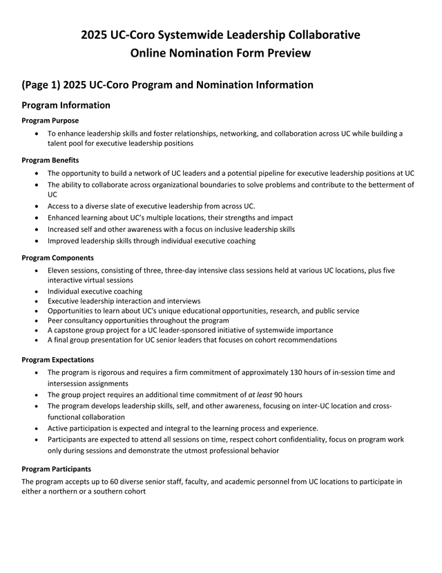 2025 UC Coro Systemwide Leadership Collaborative Online Nomination Form Preview screenshot
